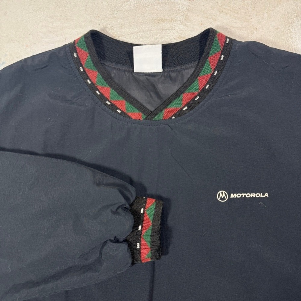 Vintage Motorola Pullover Windbreaker Vneck Jacket Mens XL Black Made in USA 90s